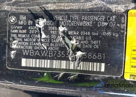 2007 BMW 335I из США, поврежденный, VIN WBAWB73537P038681